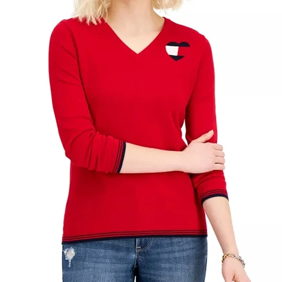 EUC Tommy Hilfiger Red Heart Ivy V-Neck Sweater Size XL - Picture 1 of 7
